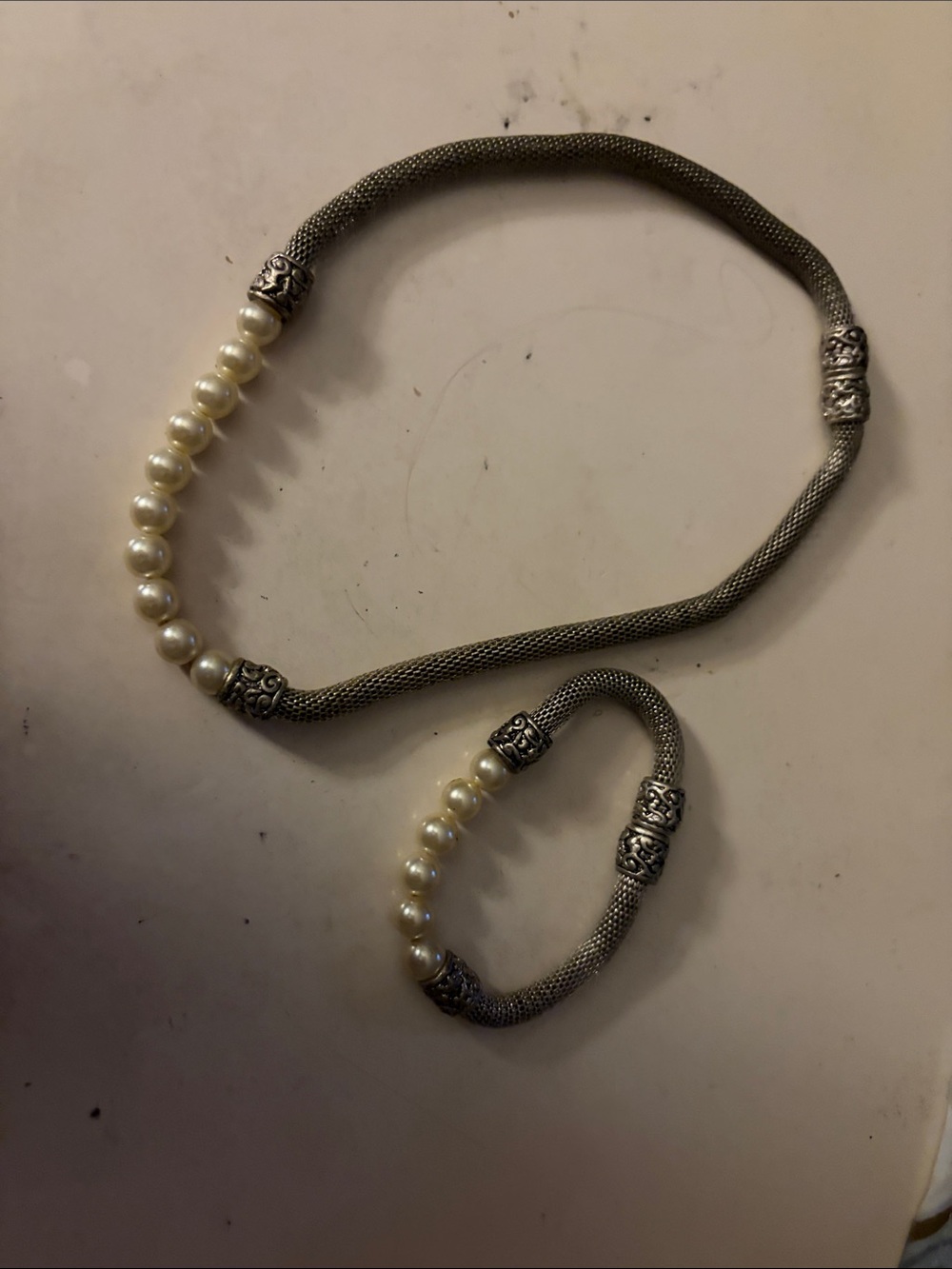 Pearl and Silver-Tone Bead Necklace & Bracelet Set